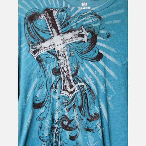 CJ Black Men's Cross T Shirt Sz. L Teal Black Velvet Y2K Grunge - Picture 3 of 6